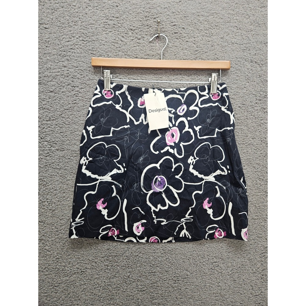 NWT Desigual Floral Mini Skirt XS Black Pink Abstract Graphic Artsy Feminine